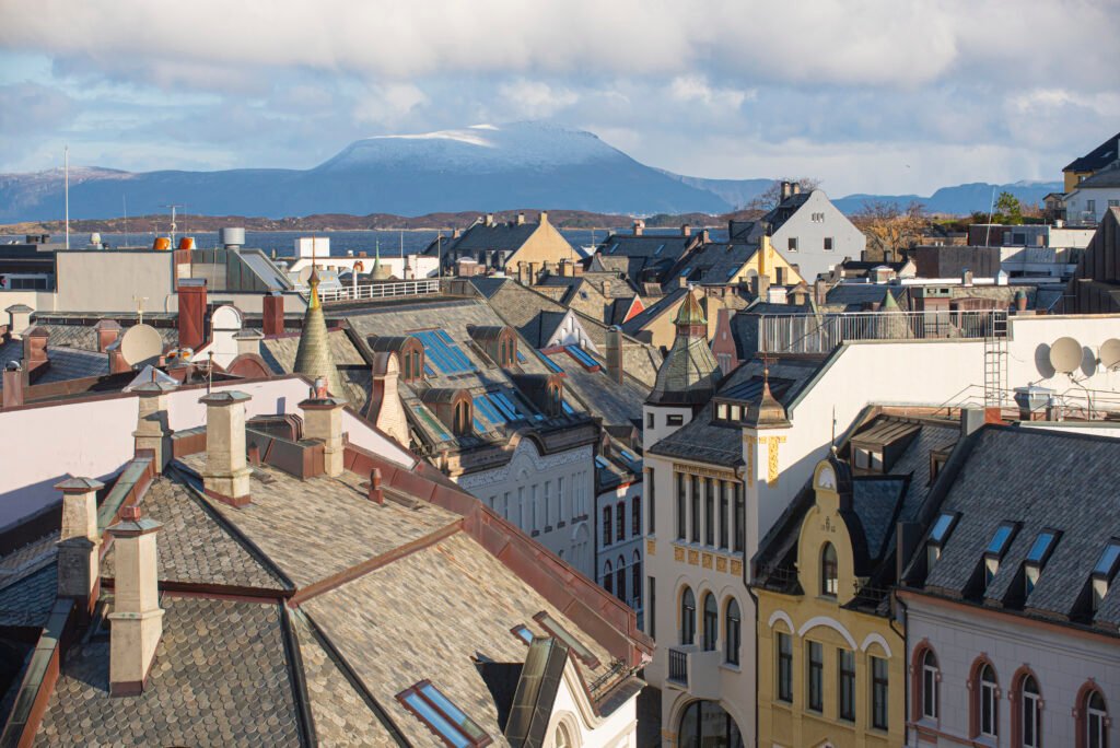 Sunset on the hidden roofs of Alesund